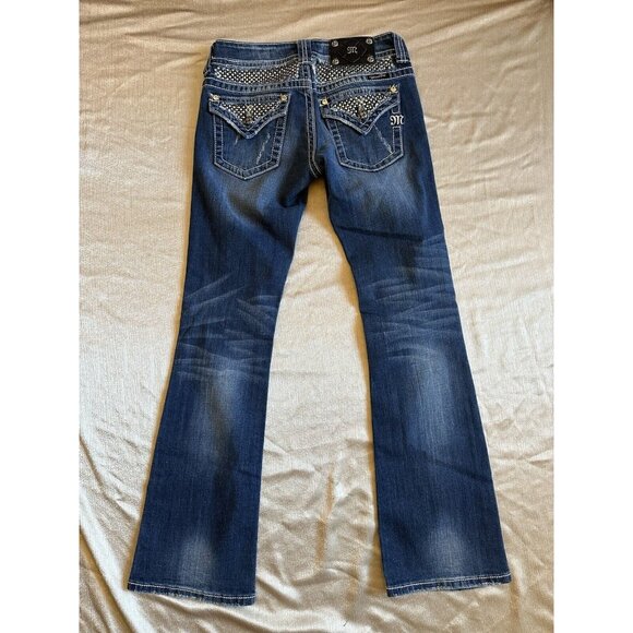 Miss Me Jeans Sz 27 Boot Rhinestone Belt Sparkle Flap Pocket Lo Rise Medium Wash - Picture 4 of 10